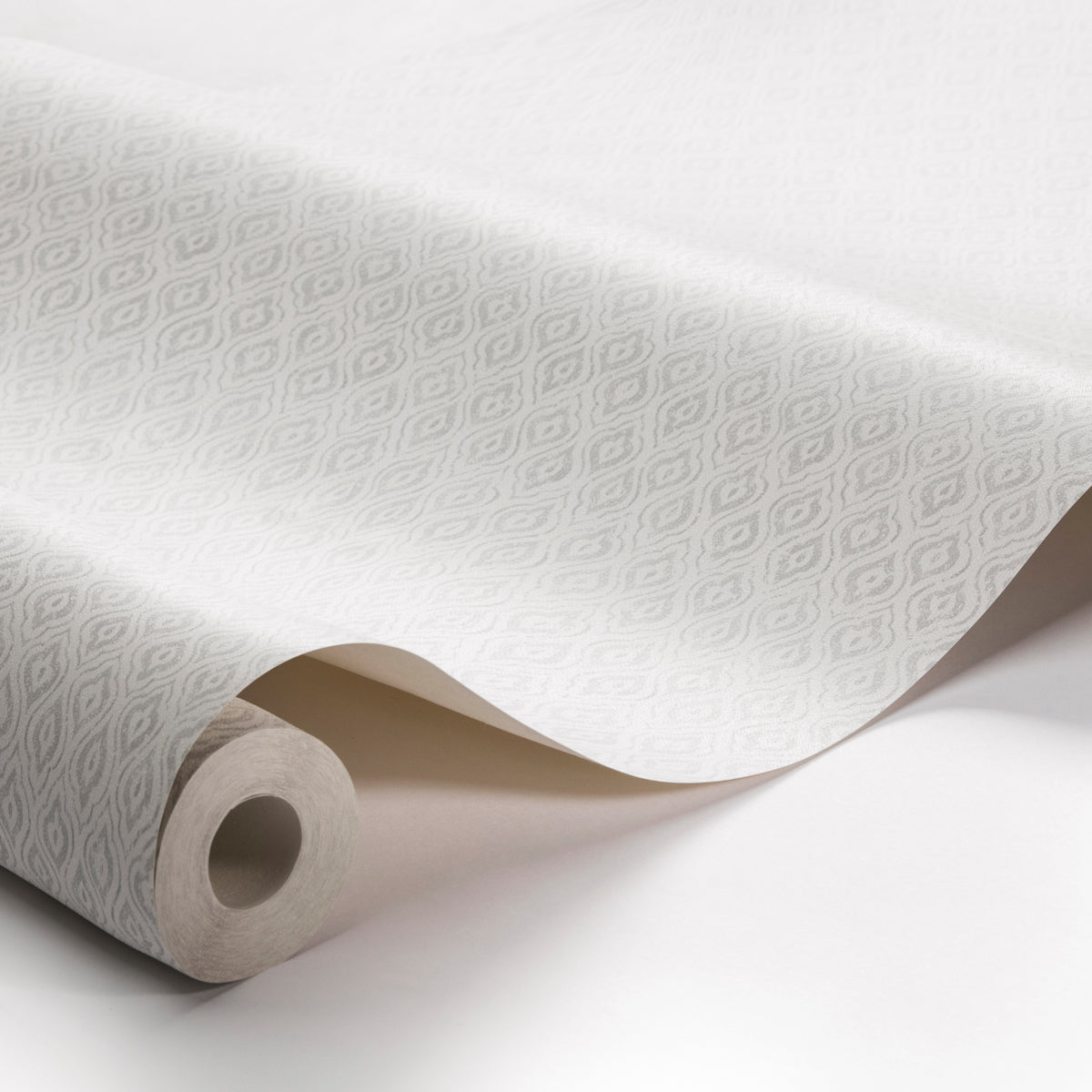 White wallpaper with a subtle embossed diamond pattern, rolled on a cardboard core.