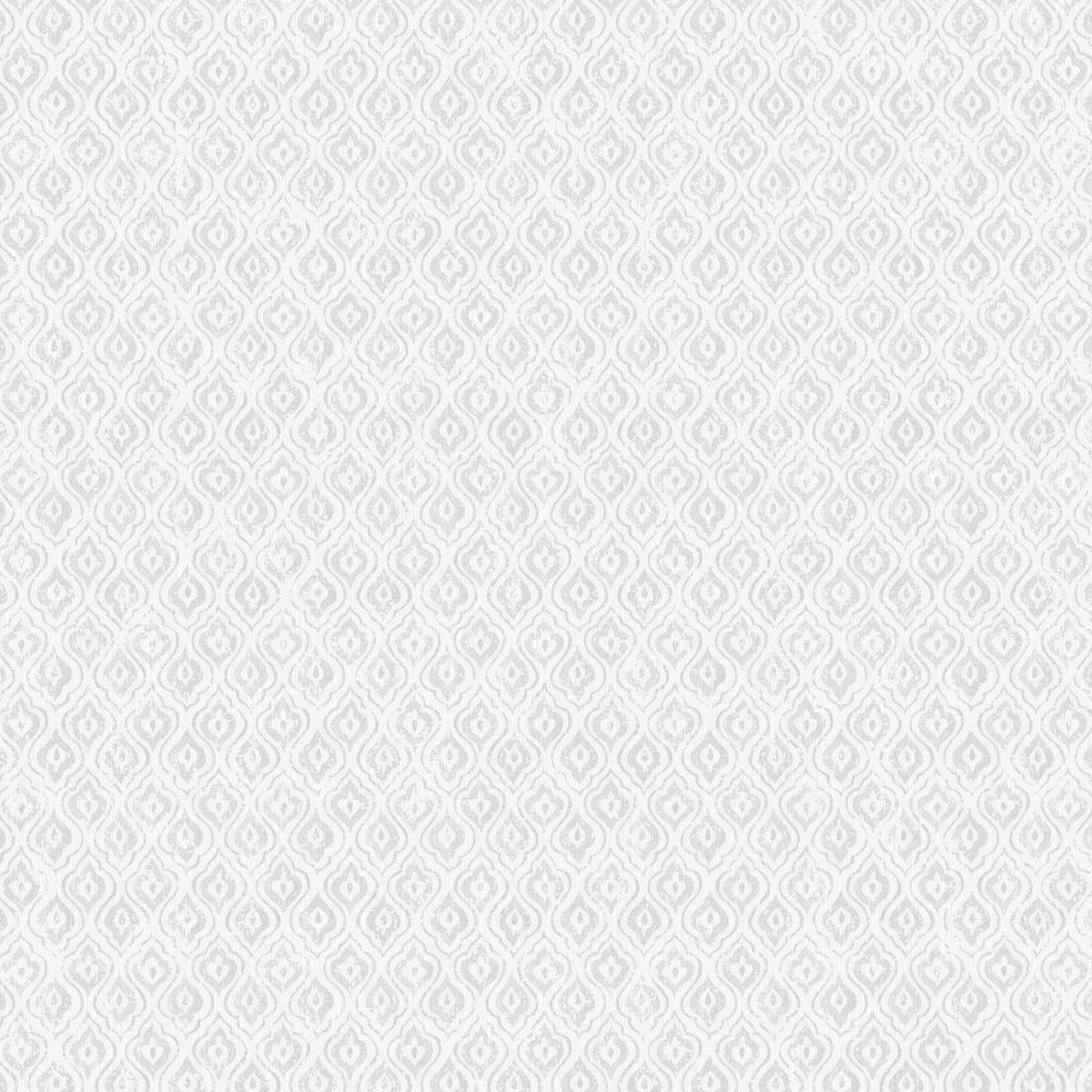 Soft grey wallpaper with a subtle repeating damask/teardrop motif and a delicate textured finish.