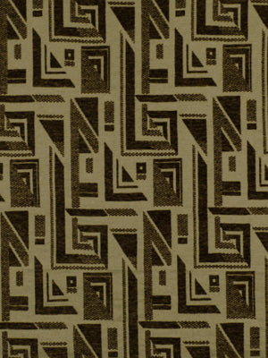 Olive and brown geometric Greek-key pattern fabric with interlocking squares for upholstery or crafts.