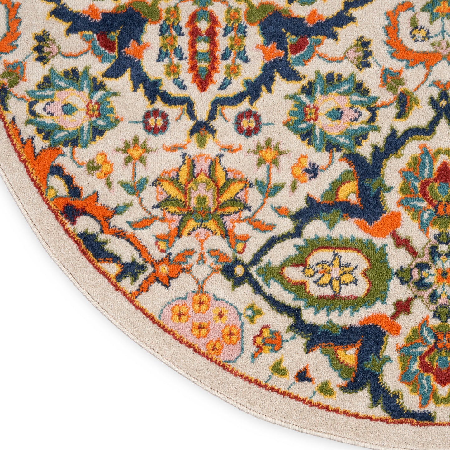 Round cream rug with a vivid multicolor floral pattern in blue, orange, green and pink; beige border.