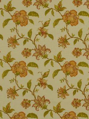 Vintage floral wallpaper with orange blossoms and green leaves on bronze background; repeating decorative pattern.