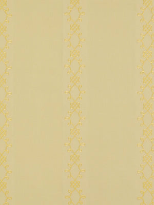 Pale yellow wallpaper with narrow vertical gold floral lace motifs.