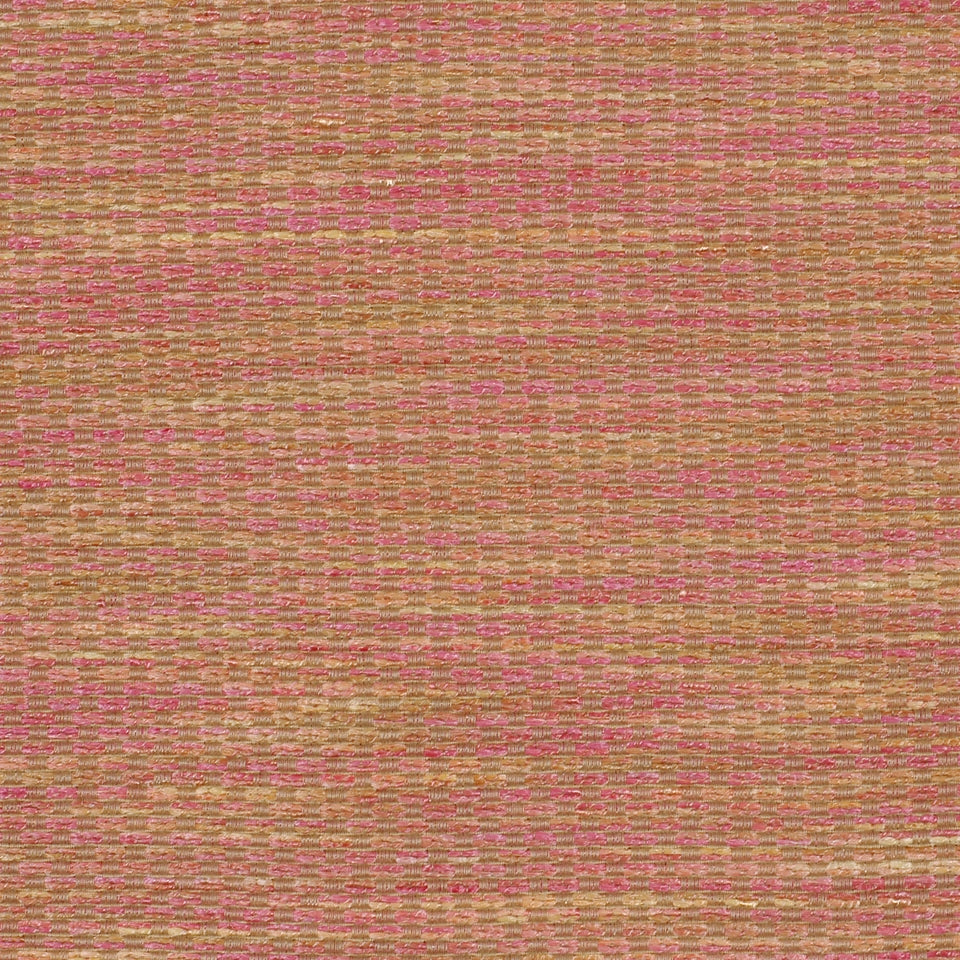 Close-up of woven fabric with warm tan base and pink accent stripes; rustic textured upholstery fabric.