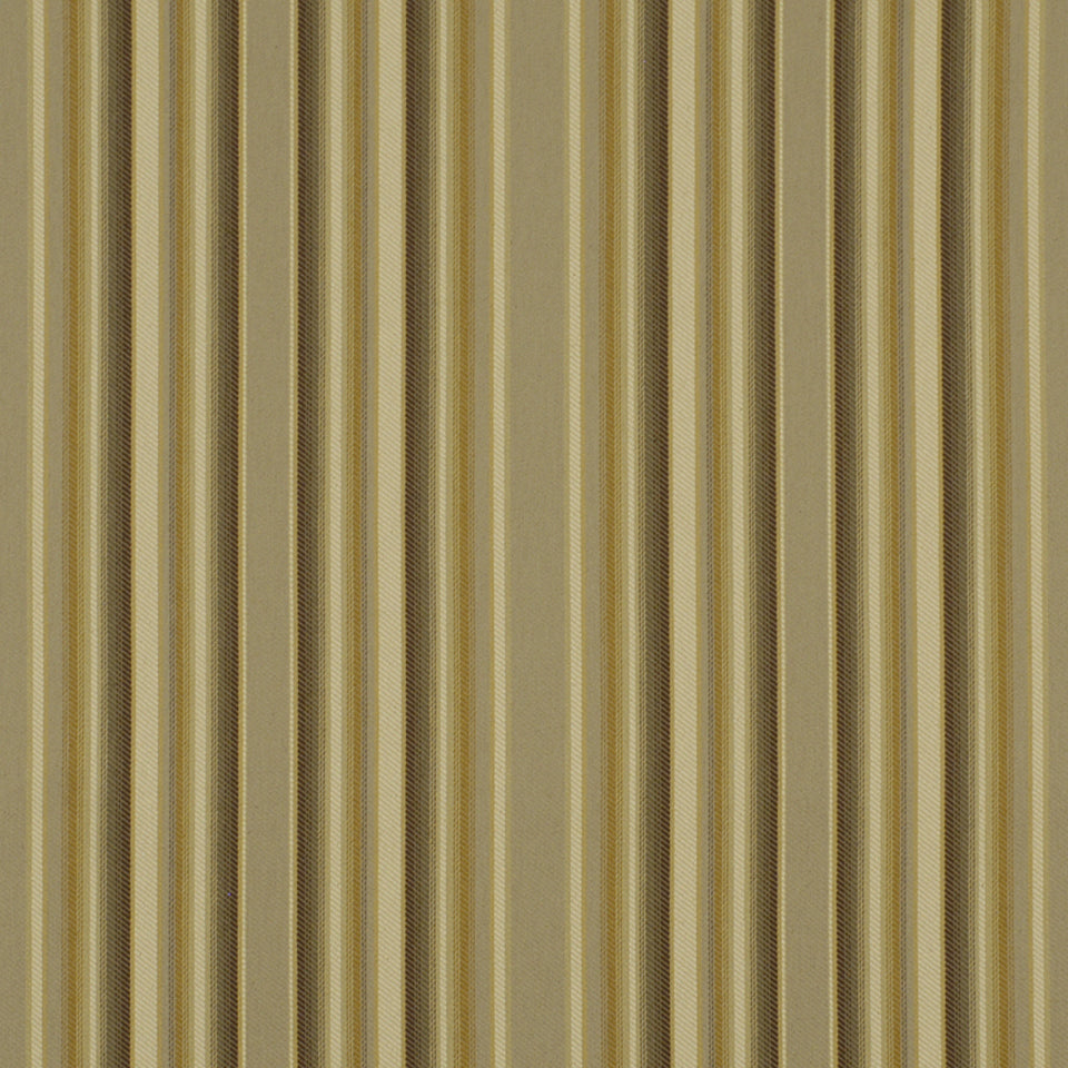 Beige and gold vertical striped upholstery fabric with metallic sheen, modern classic pattern.