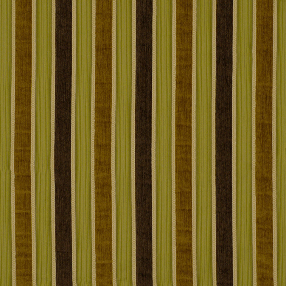 Vertical stripe pattern in olive green, brown & tan; textured, fabric-like upholstery.