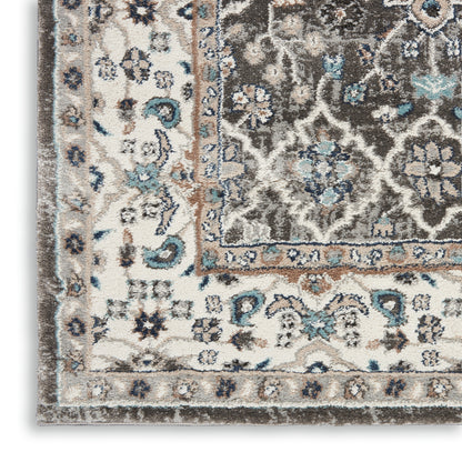 Ornate area rug close-up with ivory, brown and blue floral motifs and a decorative border.