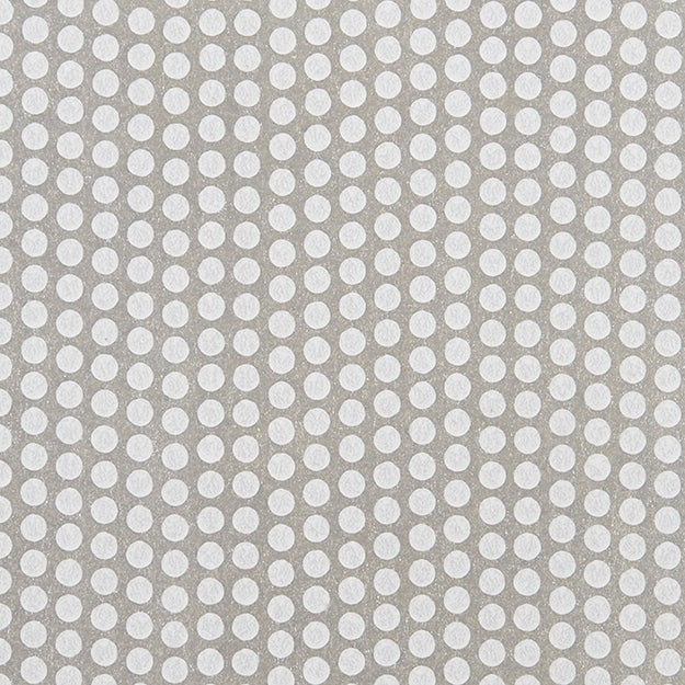 Grey and silver wallpaper with evenly spaced white polka dots; modern retro pattern; non-woven.
