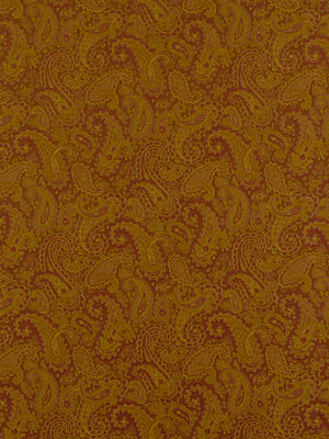 Mustard yellow and brick-red paisley-patterned drapery fabric with ornate swirls.