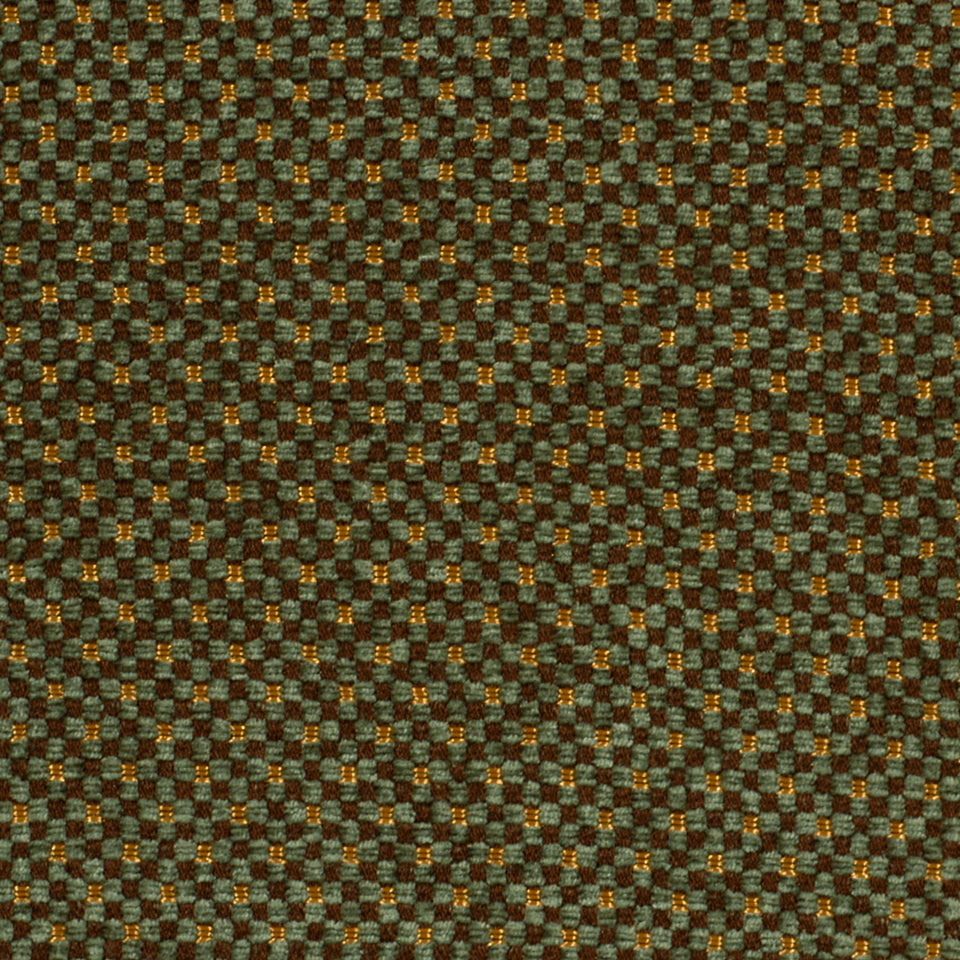 Teal and brown checkered drapery fabric with subtle gold threads; textured weave suitable for curtains.