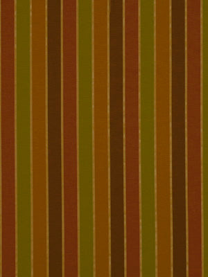 Vertical stripes in olive green, mustard yellow, brown and orange with a textured retro look; drapery fabric.