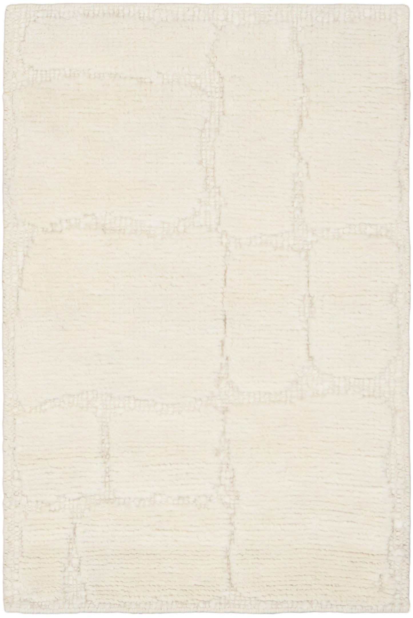 Cream rug with a subtle grid of rectangular patches; soft textured woven look; 2' x 3' rug, neutral floor covering