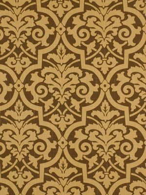 Gold & brown damask pattern with ornate scrolling floral motifs, decorative wallpaper or fabric design.