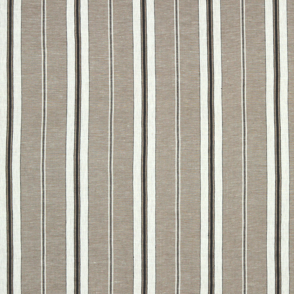 Beige linen-like fabric with vertical white stripes bordered by thin black lines; upholstery or drapery material.