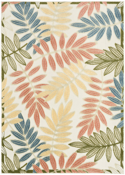 Area rug with colorful leaf pattern in red, blue, yellow and olive on ivory; woven texture with green border.