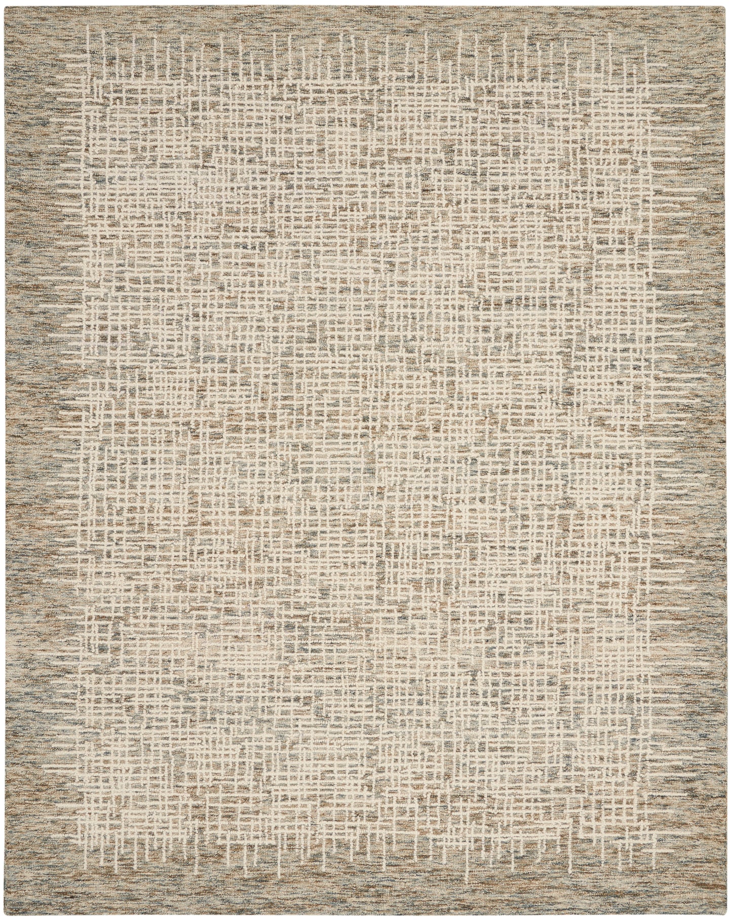 Modern beige area rug with cream intersecting lines forming a soft grid, taupe border, textured woven look.