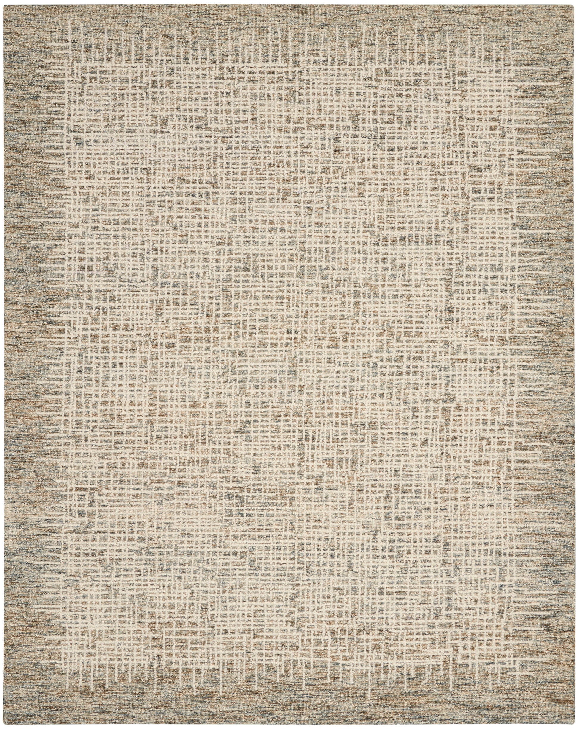 Modern beige area rug with cream intersecting lines forming a soft grid, taupe border, textured woven look.