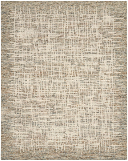 Modern beige area rug with cream intersecting lines forming a soft grid, taupe border, textured woven look.