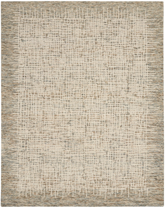 Modern beige area rug with cream intersecting lines forming a soft grid, taupe border, textured woven look.