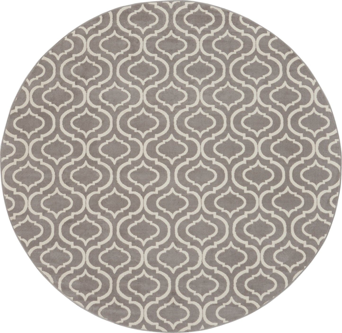 Round taupe rug with white arabesque lattice pattern, soft textile for living room decor.
