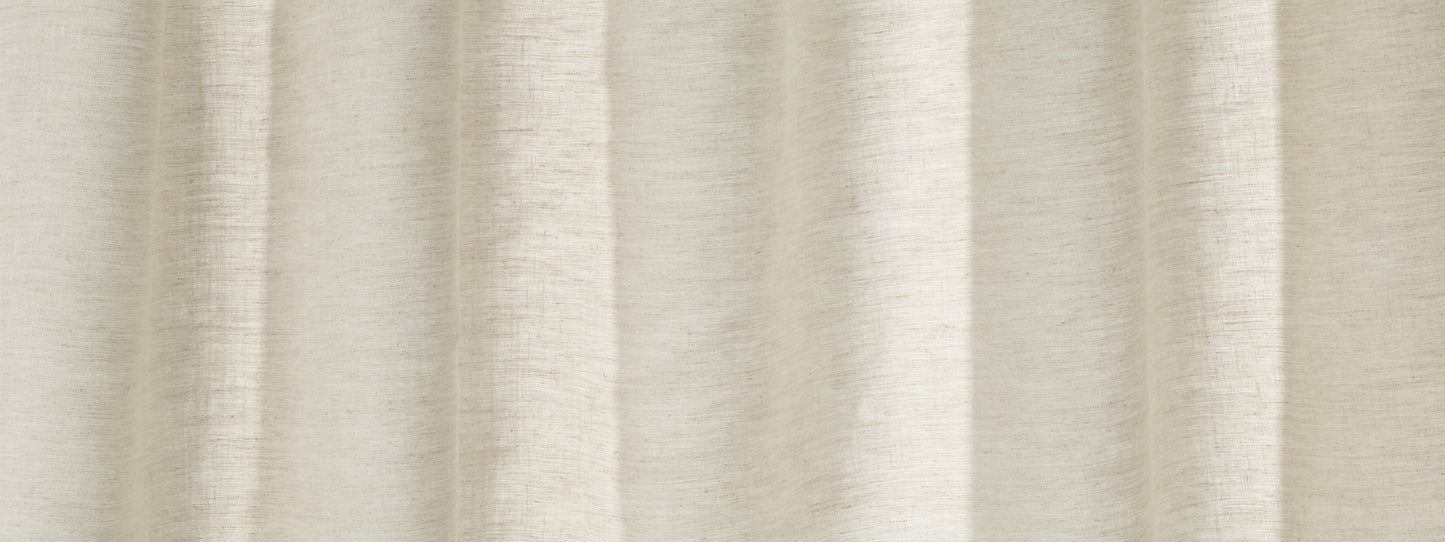 Beige linen-like sheer curtain with soft vertical folds, simple window drapery for living spaces.