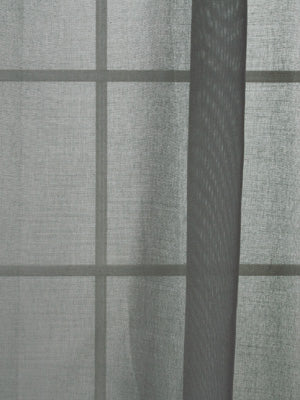 Silver sheer curtain with a windowpane grid pattern and a dark vertical panel; lightweight fabric for filtered light.