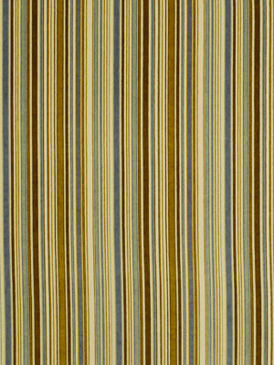 Vertical striped upholstery fabric in gold, brown, blue and beige; retro-style.