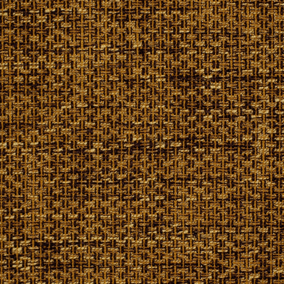 Golden-brown and dark brown woven tweed fabric with a tight basket-weave pattern; upholstery fabric.