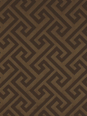 Brown textured upholstery fabric with a repeating Greek key maze pattern in two-tone browns.