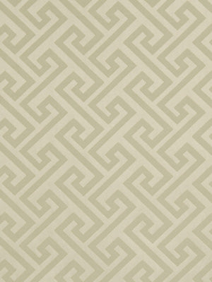 Beige and cream Greek key geometric upholstery fabric with an interlocking motif.