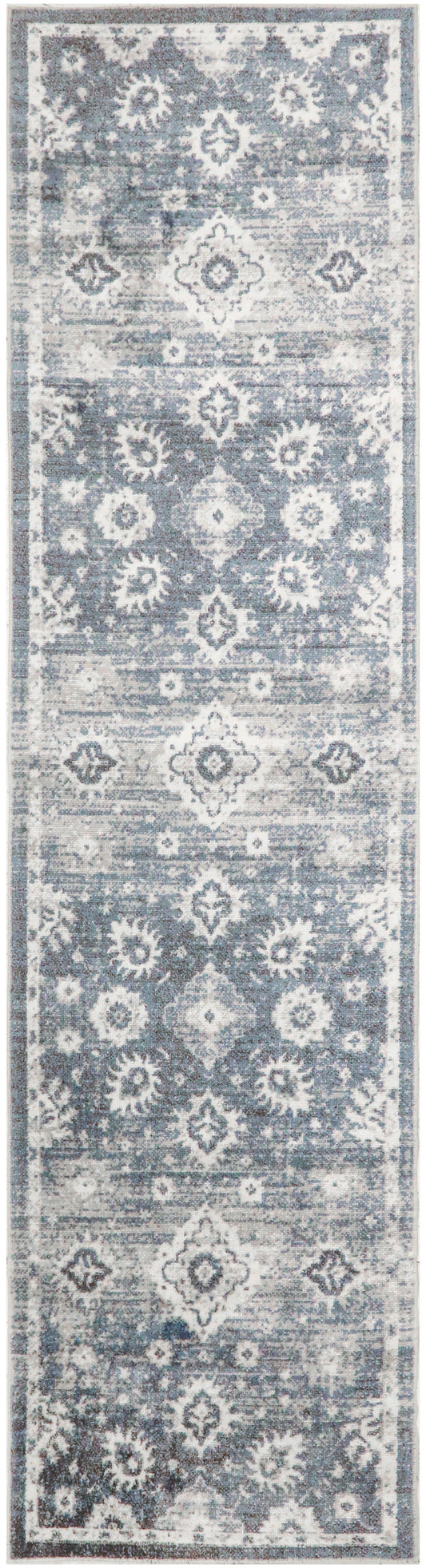 Blue-gray narrow runner rug with repeating diamond and floral medallions; distressed vintage look, ideal for hallways.
