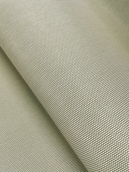 Beige woven wallpaper close-up with a tight grid texture and rolled edge.