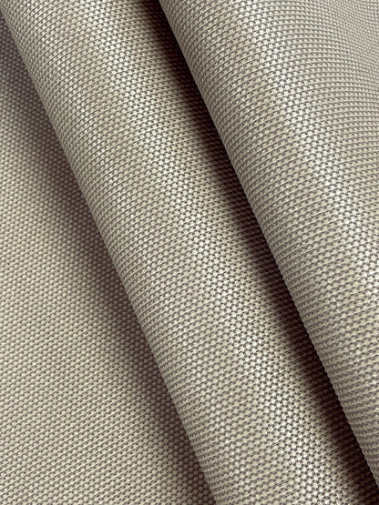 Beige woven wallcovering close-up with a tight grid weave; brown-toned, fabric-like texture.
