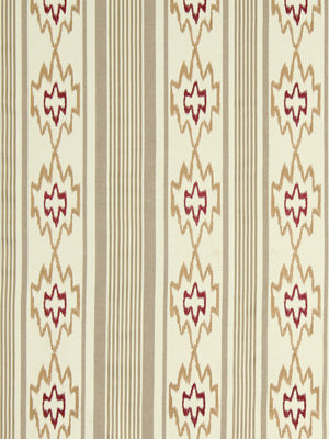 Cream wallpaper with vertical beige stripes and red-brown starburst floral medallions in repeating columns.