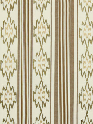 Beige and brown fabric/wallpaper with vertical stripes and starburst floral medallions, vintage geometric pattern.