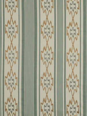 Vertical striped wallpaper with teal-green and cream bands and ornate brown floral medallions.