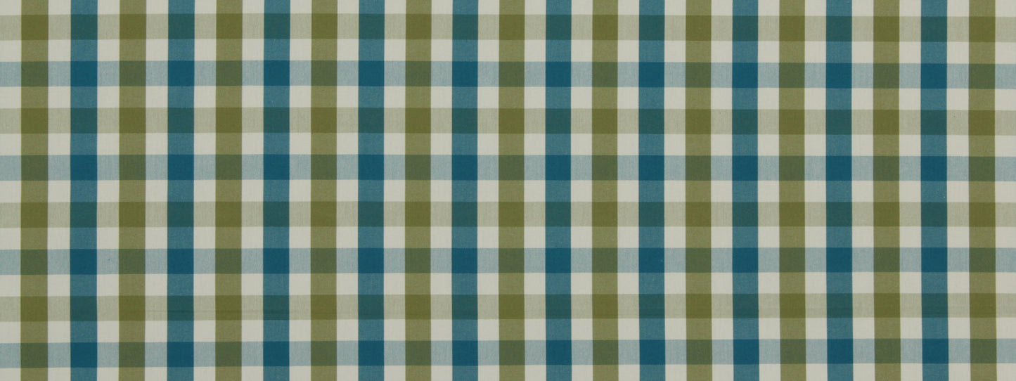 Blue & green plaid fabric pattern with small white checks; woven textile.