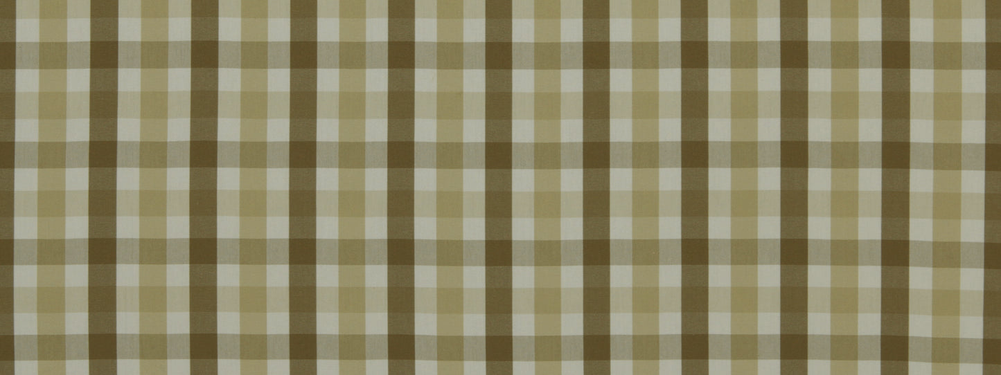 Olive-brown plaid fabric with beige and tan checks; rustic woven textile suitable for shirts or home decor.