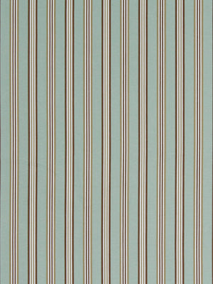 Teal vertical striped wallpaper with narrow brown, beige and white stripes; classic decorative wallcovering.