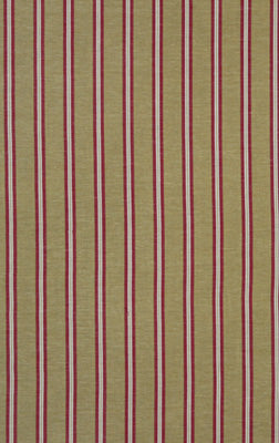 Olive-beige striped fabric with thin red & white vertical stripes; upholstery or curtain material.
