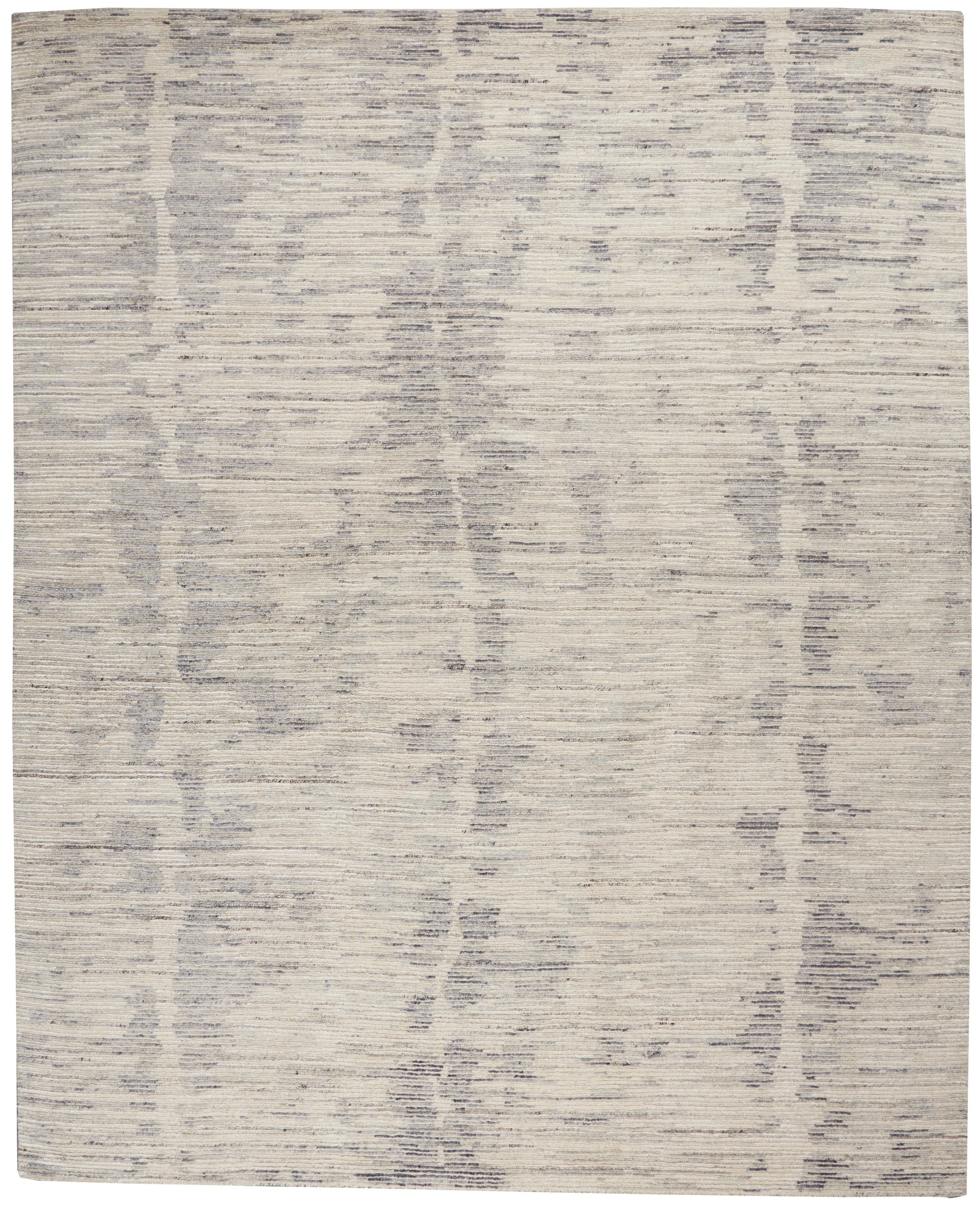 Rectangular area rug in light beige with subtle gray abstract vertical stripe pattern; soft woven texture.
