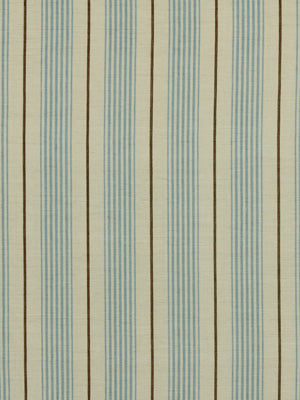 Beige fabric with tan vertical stripes and pale blue pinstripe columns in a classic striped pattern.