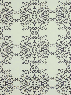 Damask-style ornamental scroll pattern in charcoal on a pale background with repeating medallions.
