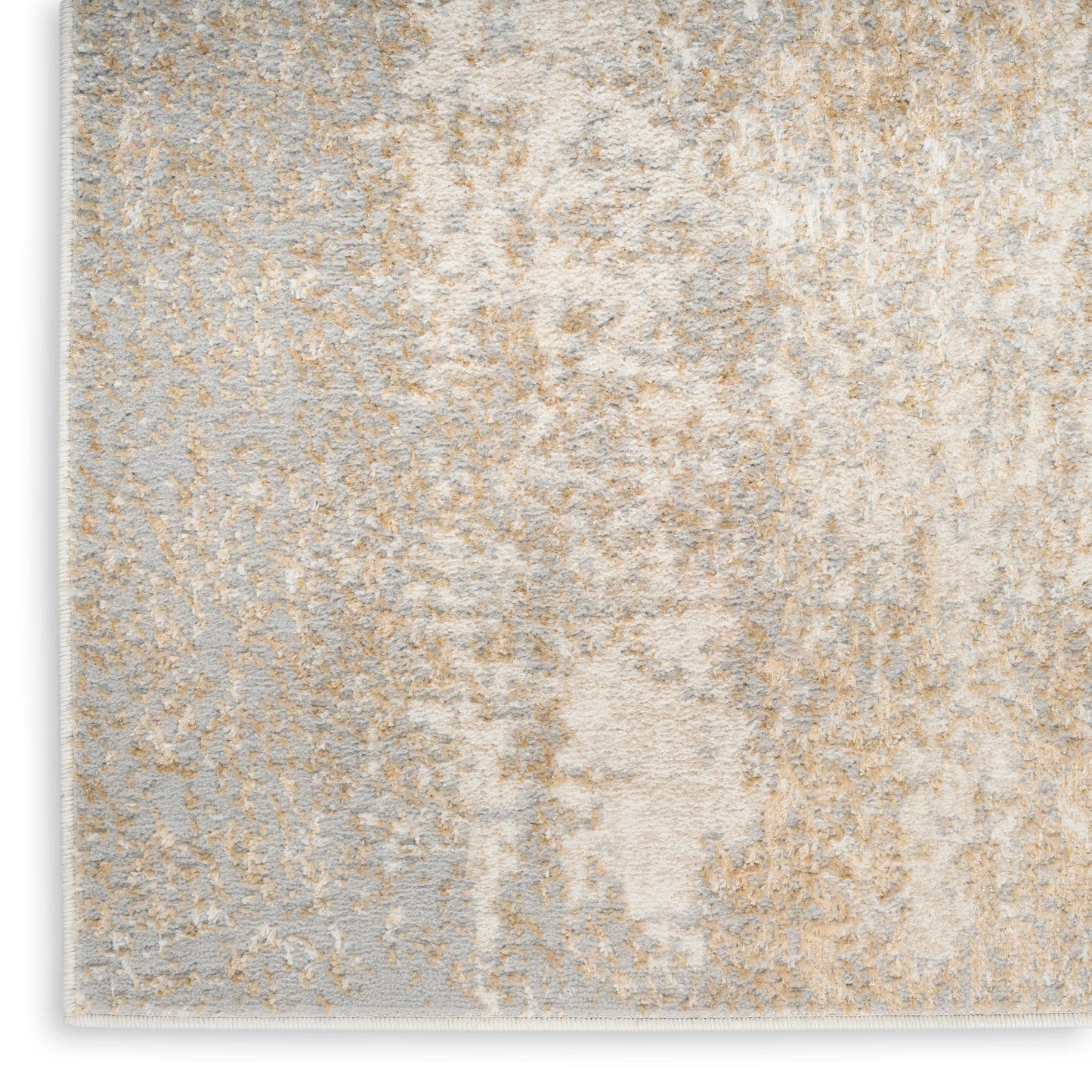 Rectangular abstract area rug in gray & beige with distressed pattern and plush texture for modern spaces.