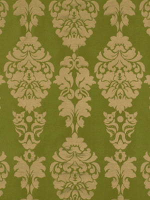 Olive green wallpaper with vertical beige damask floral pattern and decorative scrolls.