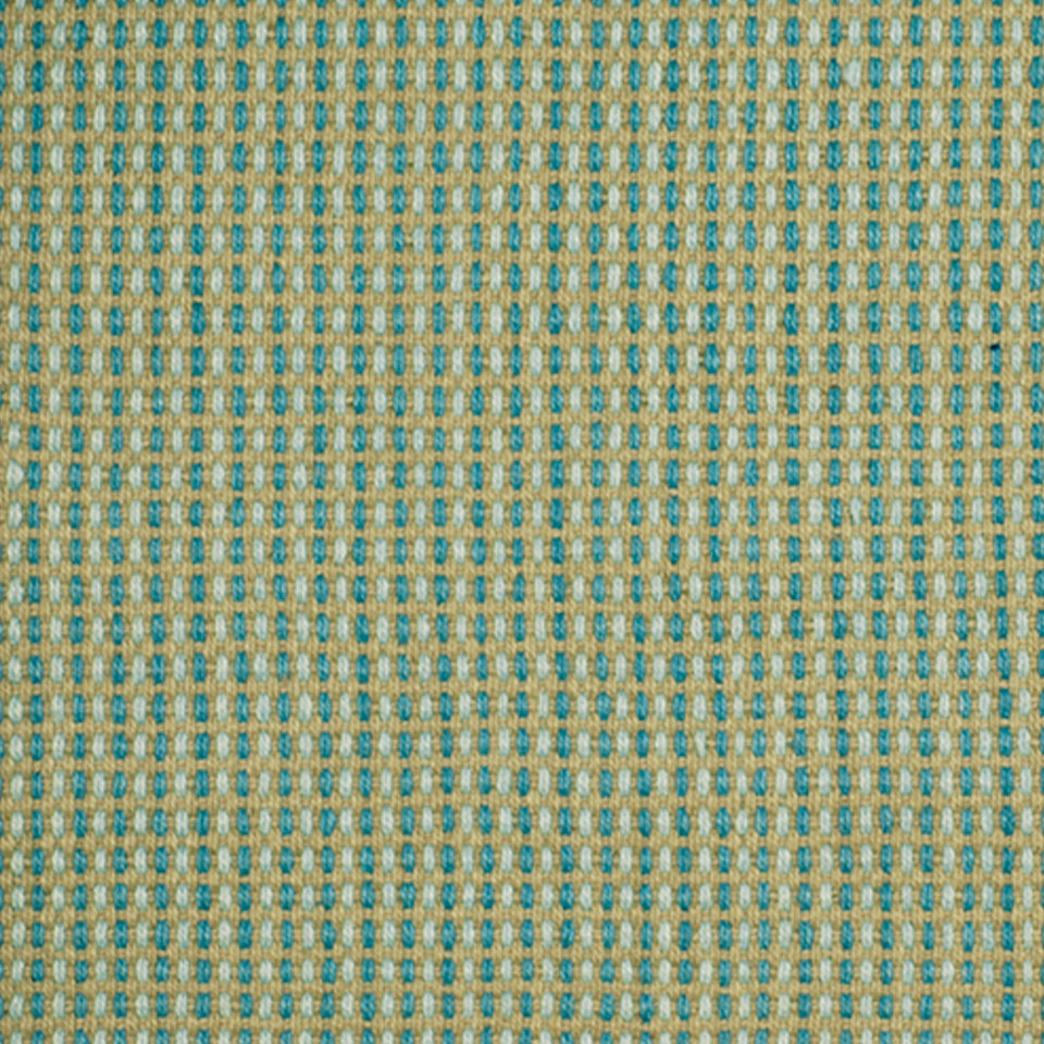 Beige woven upholstery fabric with turquoise grid pattern and teal squares; linen-like texture.