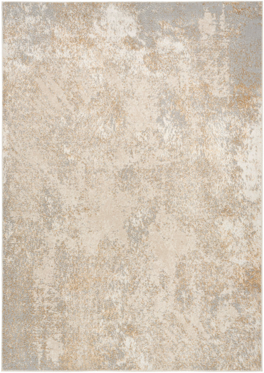 Neutral beige and gray area rug with a subtle distressed gold-toned pattern and soft, worn texture.