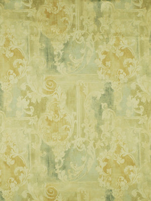 Pastel damask drapery fabric with ornate scrollwork in pale yellow, mint green and soft blue.