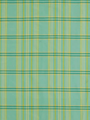 Mint teal plaid fabric with yellow and dark teal stripes forming a grid.