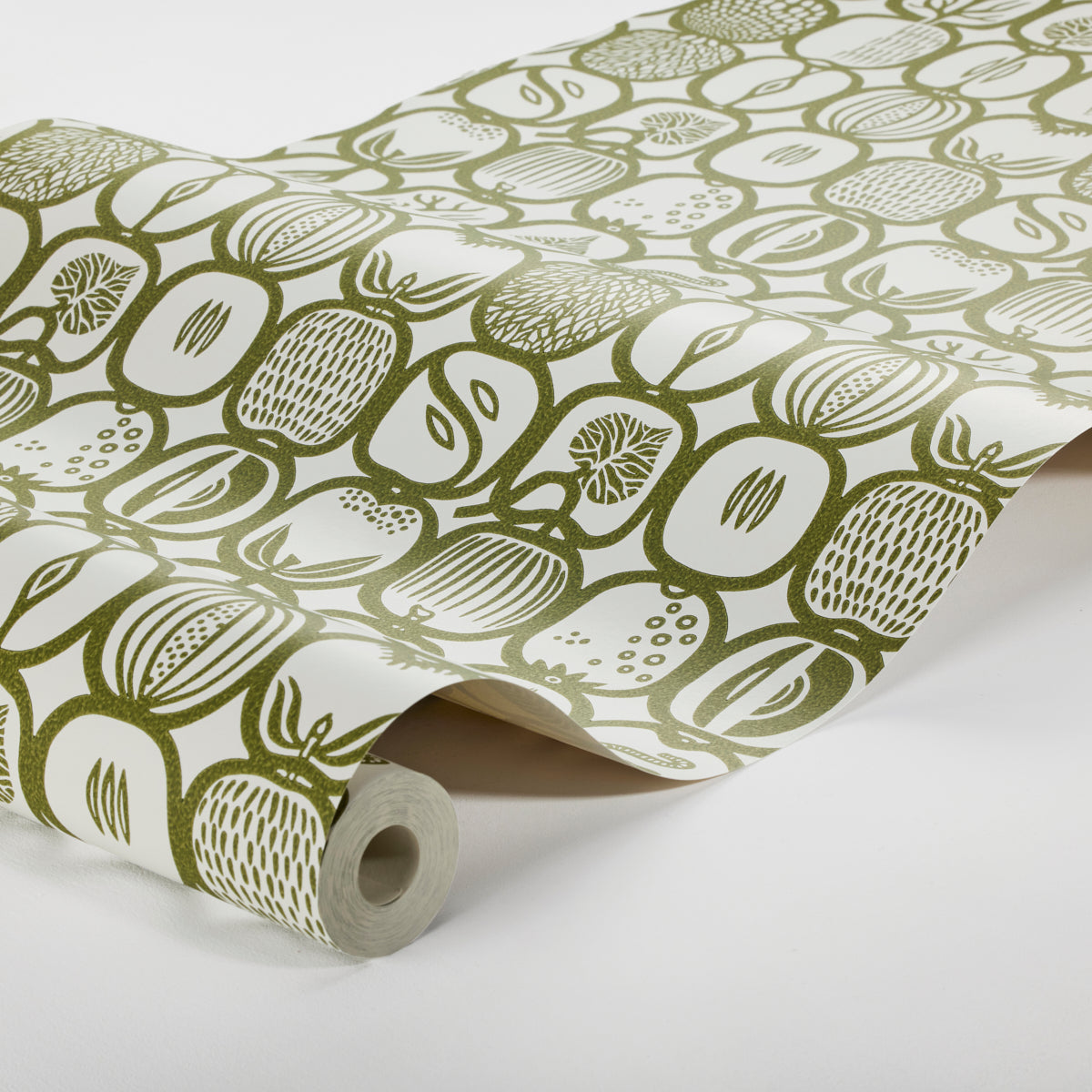Olive-green fruit motif wallpaper roll on cream background; bold botanical print for walls.