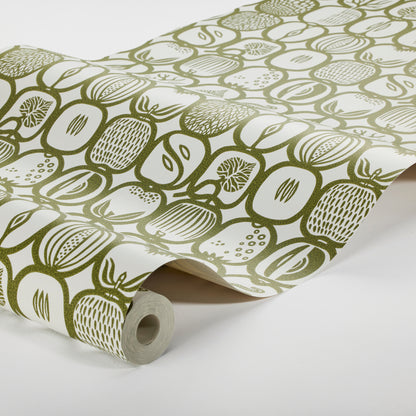 Olive-green fruit motif wallpaper roll on cream background; bold botanical print for walls.